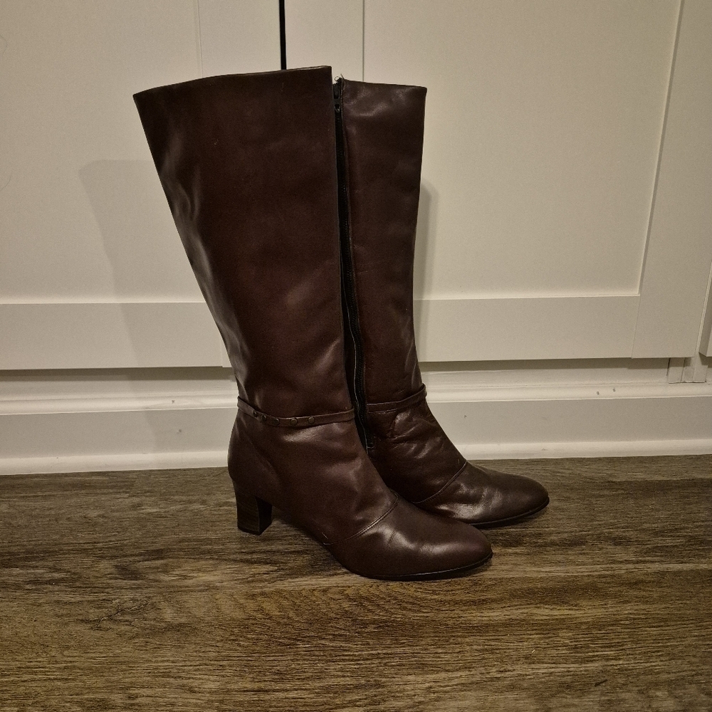NOS New Deadstock Leather Knee High Boots | 11 AA Narrow | Dark Brown